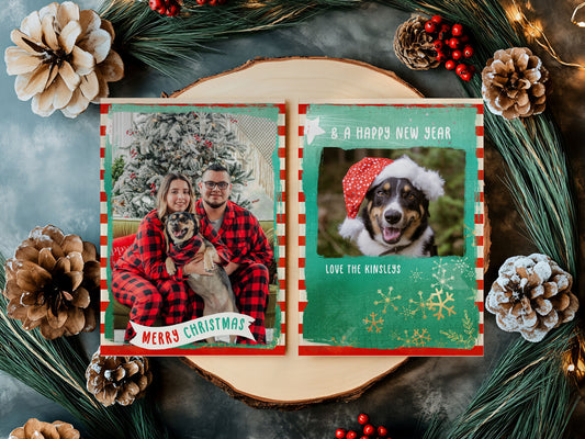 Bright & Bold Red Striped Green Custom Photo Christmas Card Party Simplicity