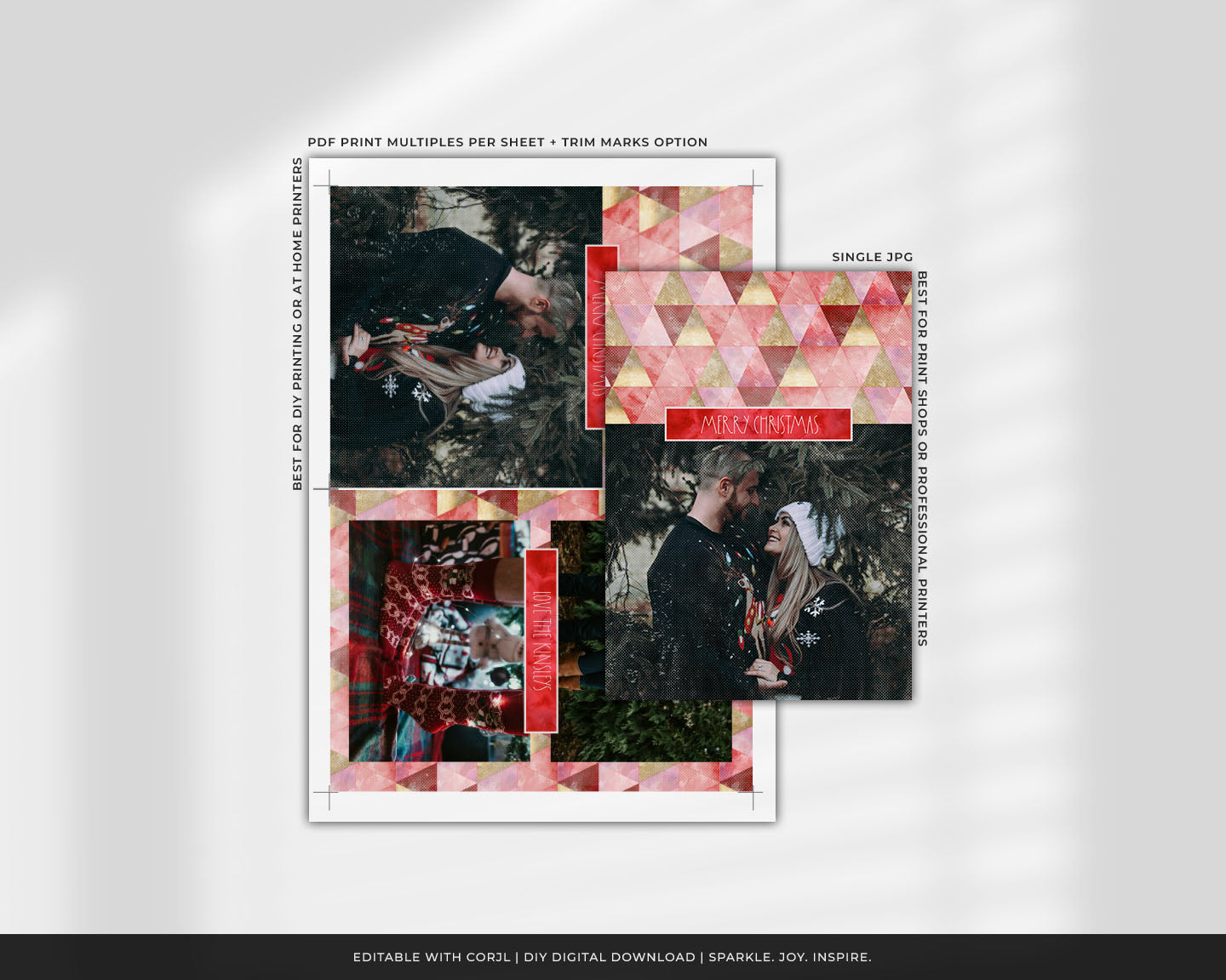 Red & Gold Triangles Custom Photo Christmas Card Party Simplicity