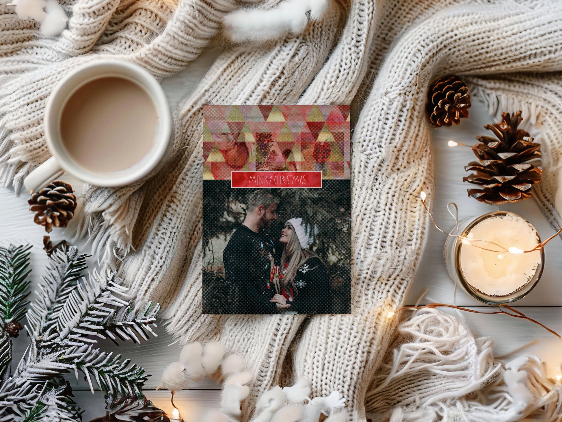 Red & Gold Triangles Custom Photo Christmas Card Party Simplicity