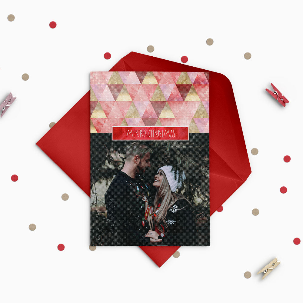 Red & Gold Triangles Custom Photo Christmas Card Party Simplicity