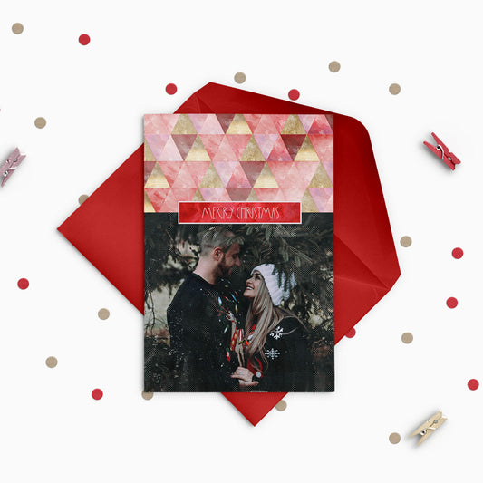 Red & Gold Triangles Custom Photo Christmas Card Party Simplicity