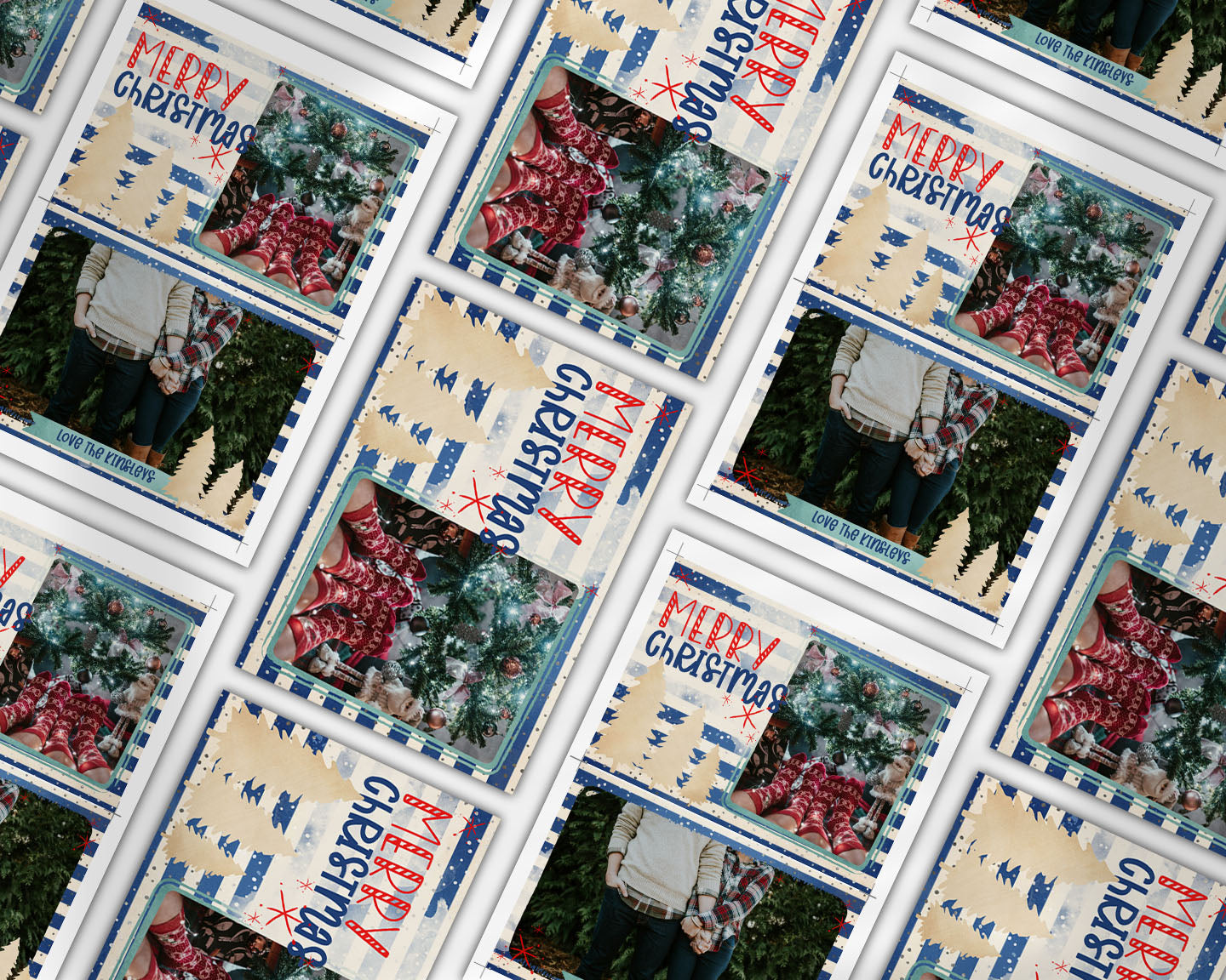 Mery Christmas Gold Trees Blue Stripes Custom Photo Christmas Card Party Simplicity