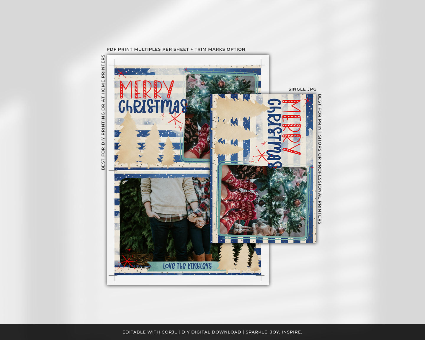 Mery Christmas Gold Trees Blue Stripes Custom Photo Christmas Card Party Simplicity