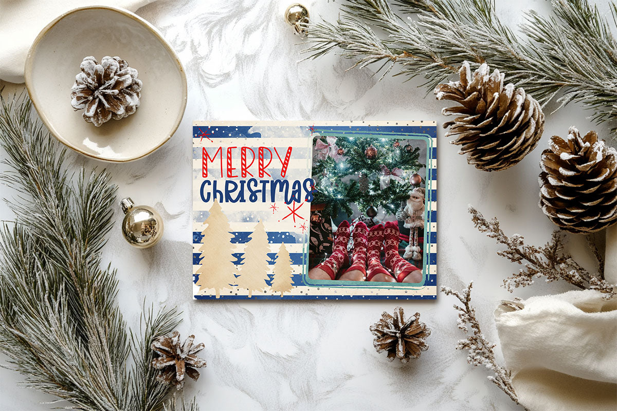 Mery Christmas Gold Trees Blue Stripes Custom Photo Christmas Card Party Simplicity