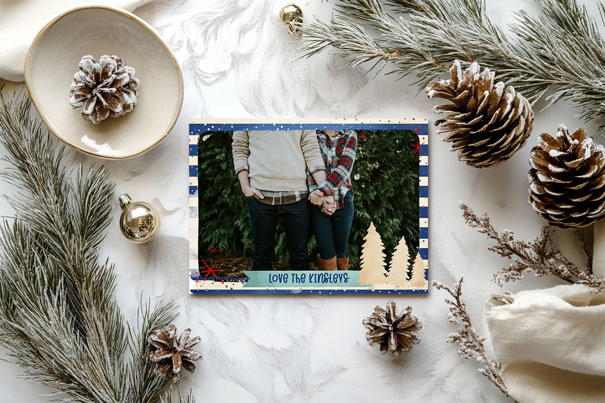 Mery Christmas Gold Trees Blue Stripes Custom Photo Christmas Card Party Simplicity