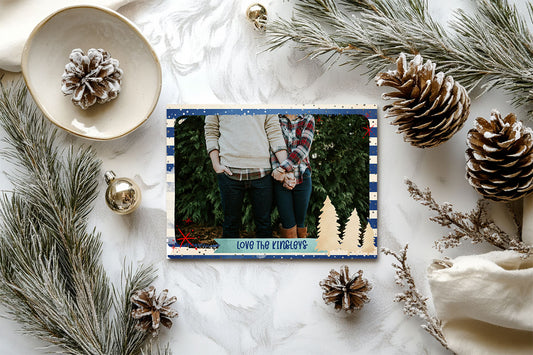 Mery Christmas Gold Trees Blue Stripes Custom Photo Christmas Card Party Simplicity