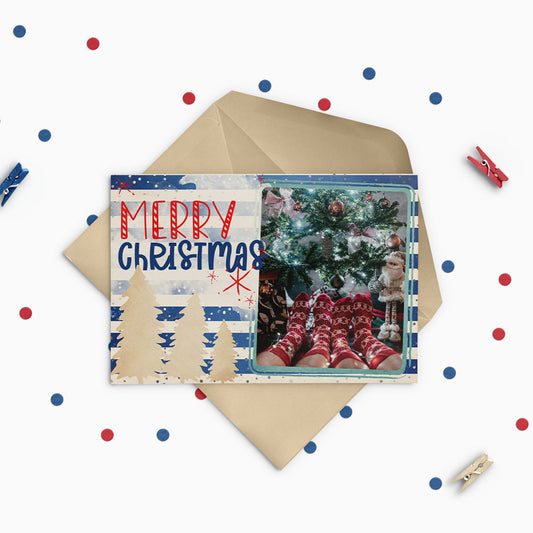 Mery Christmas Gold Trees Blue Stripes Custom Photo Christmas Card Party Simplicity