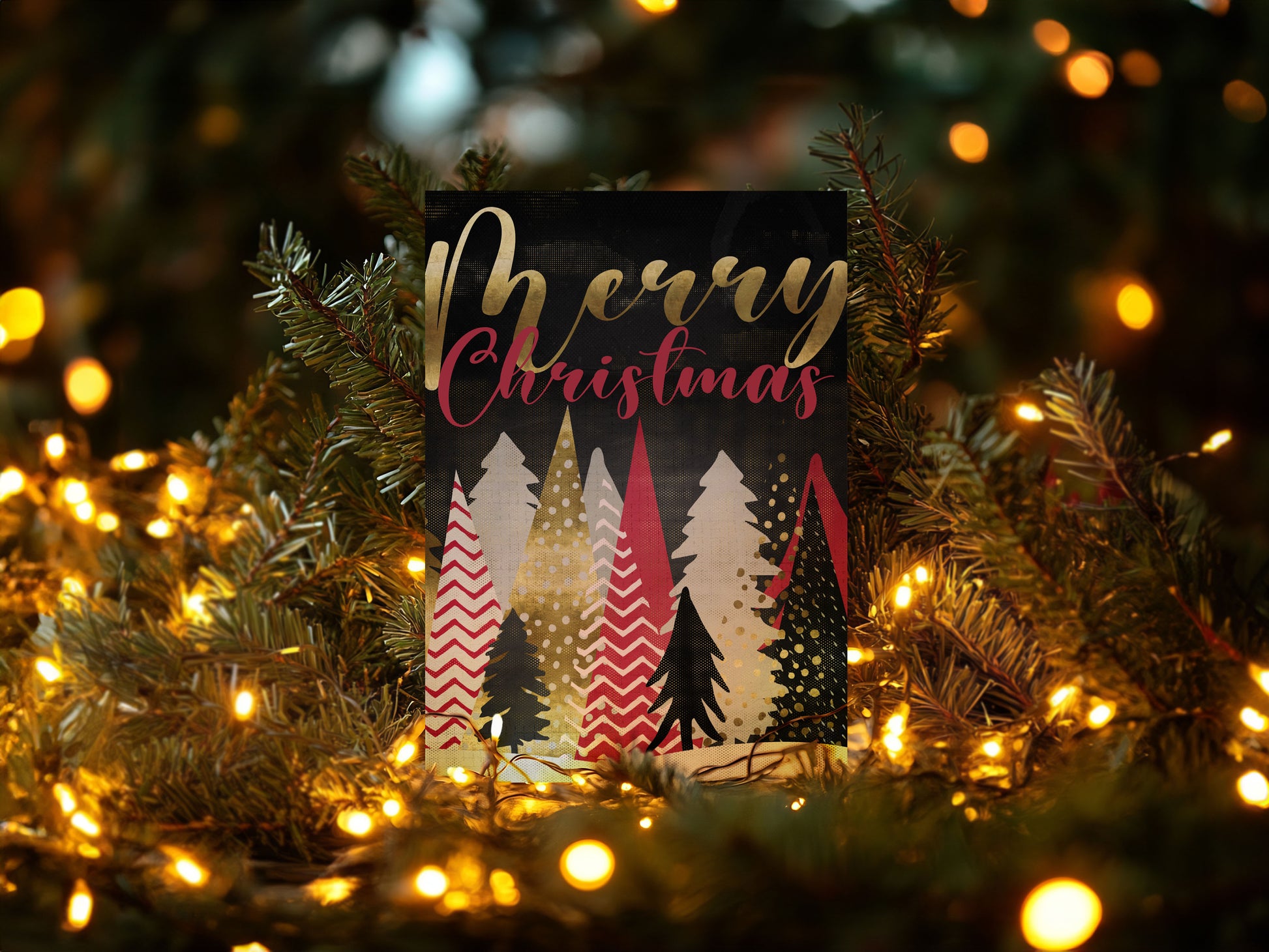 Merry Christmas Gold Night Trees Custom Photo Christmas Card Party Simplicity