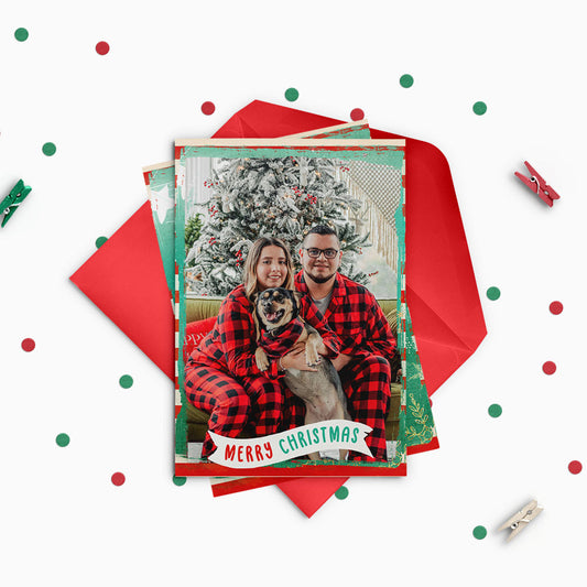 Bright & Bold Red Striped Green Custom Photo Christmas Card Party Simplicity