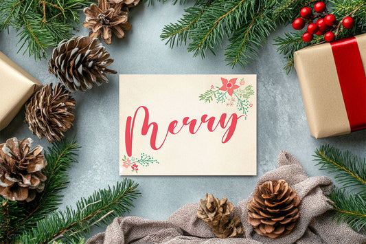 Pretty Hand Drawn Poinsettia Custom Photo Christmas Card Party Simplicity