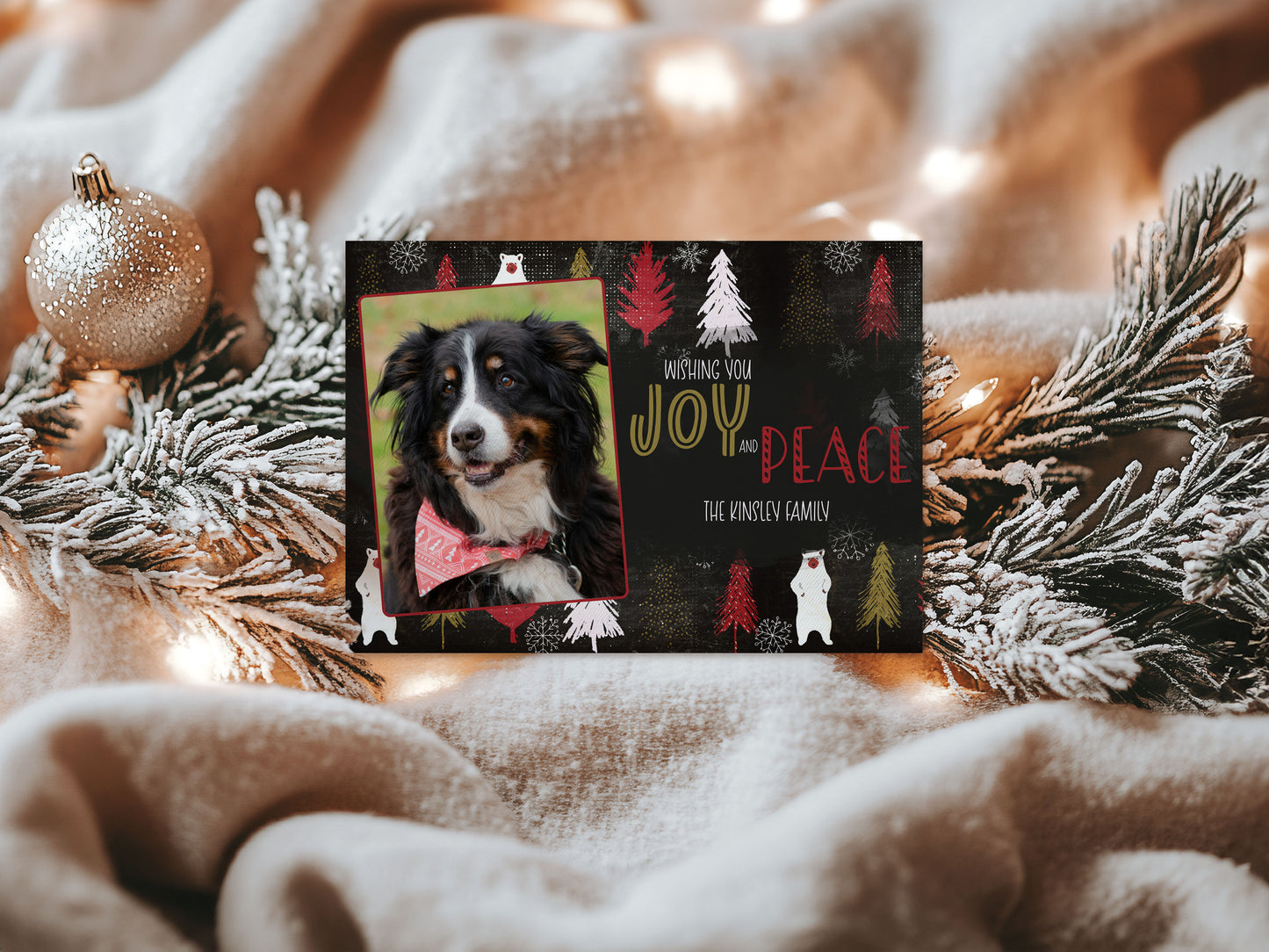 Dark Bear & Trees Custom Photo Christmas Card Party Simplicity