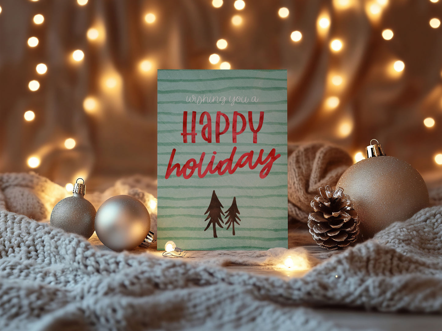 Watercolor Striped Bronze Pine Collage Custom Photo Christmas Card Party Simplicity