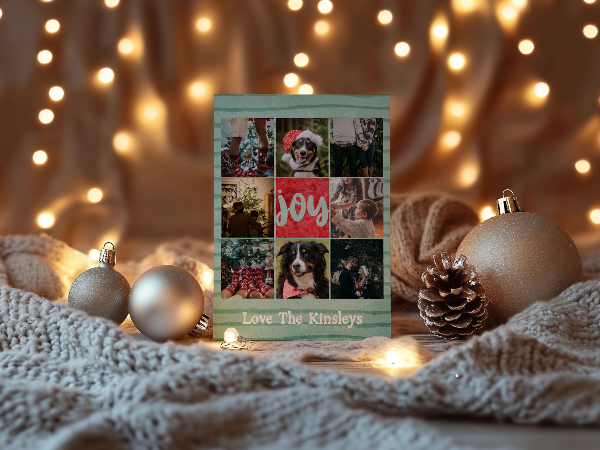 Watercolor Striped Bronze Pine Collage Custom Photo Christmas Card Party Simplicity