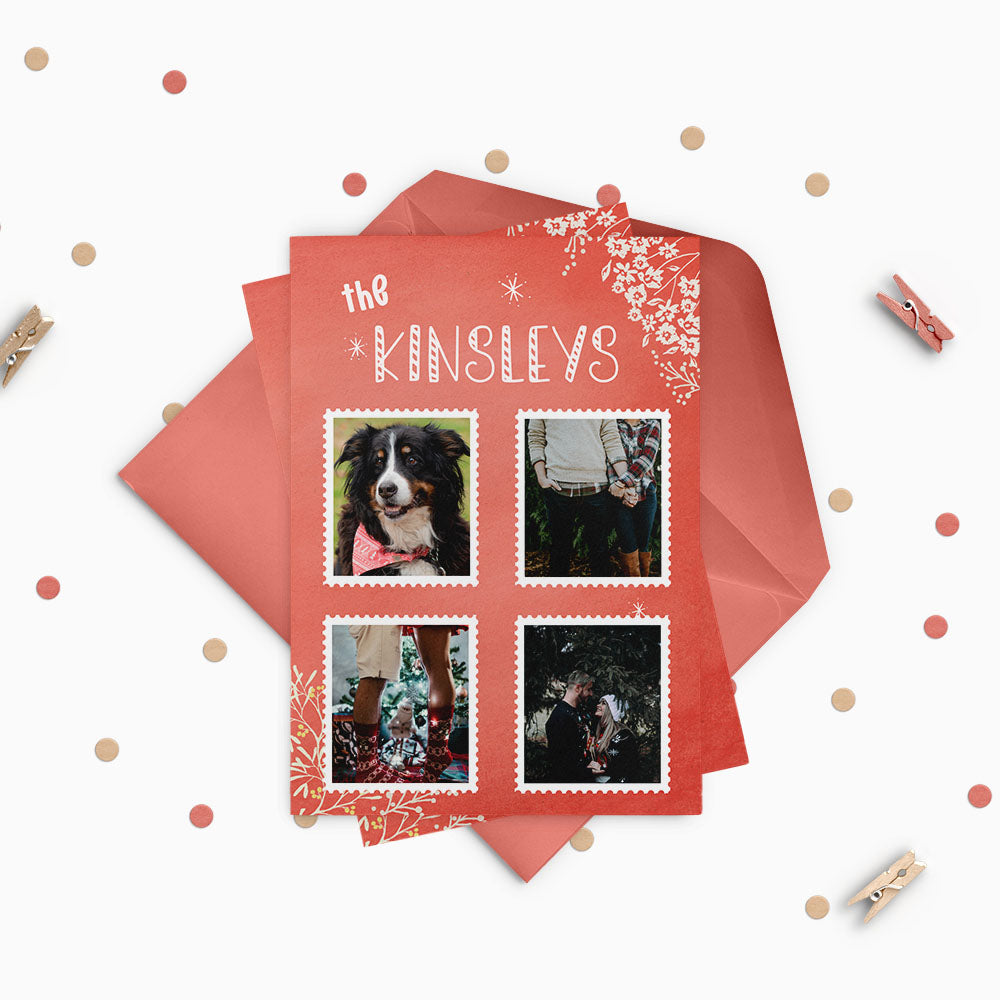 Watercolor Red Florals Custom Photo Christmas Card Party Simplicity