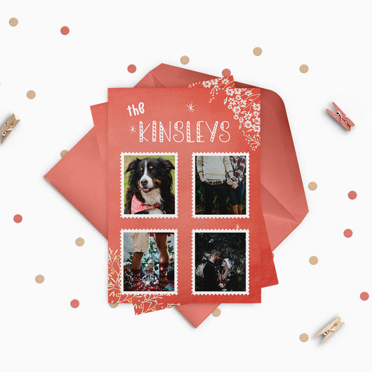 Watercolor Red Florals Custom Photo Christmas Card Party Simplicity